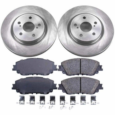 PowerStop front brake kit for Lexus ES; two silver rotors and four ceramic pads with hardware, front view