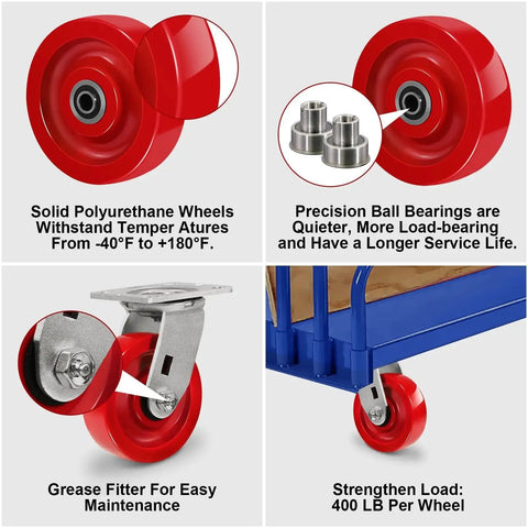 Caster Set Four Inch By One And One Half Inch Solid Polyurethane Wheels Heavy Duty Casters with 400 lb capacity and precision bearings