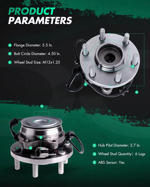 Front Wheel Bearing Hub Assembly Kit Plug And Play With ABS For Nissan Pathfinder 2005 To 2012 Frontier 2005 To 2016 Xterra 2005 To 2015 Suzuki Equator 2009 To 2012 6 Lug Direct Fit OE Style shown with dimensions and ABS sensor