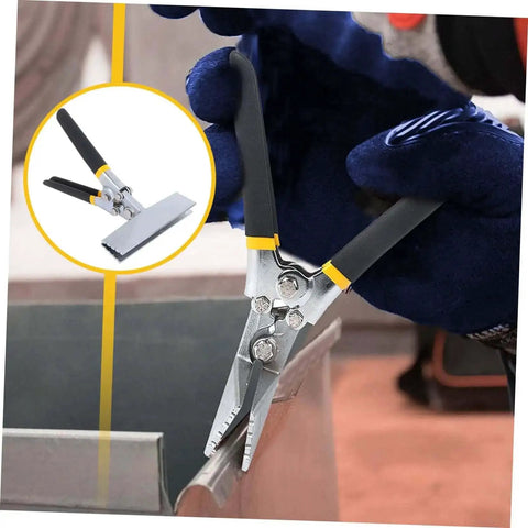 Heavy Duty Hand Seamer Tool for ductwork bending and steel plate folding, ergonomic handle, used by electrician, close-up view