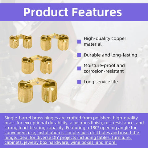 8Pcs Brass Barrel Hidden Hinges Set With 8mm 10mm 12mm And 14mm Sizes, 180 Degree Opening Concealed Cabinet Hinges Product Features
