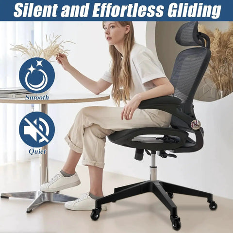 Woman sitting on a chair with 28 Inch Heavy Duty Office Chair Base Replacement With Wheels Set Of 5 Universal Gas Cylinder Hole Caster Sockets Desk Chair Base Replacement For Most Office Study Vanity Chairs Durable 4 Inch Base Height.