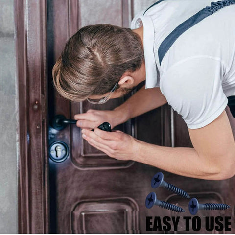 Person using Wood Screws Kit 250 Piece High Hardness Flat Head Wood Screws Set With Phillips Drive Assorted Sizes on a door lock