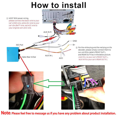 Lexxson optic fiber decoder module in blue with colorful wiring harness and installation diagram.
