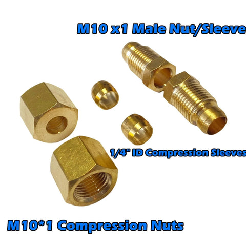 Brass pilot tube assembly with compression fittings; includes 2 M10 nuts, 2 sleeves, and a threaded tube.