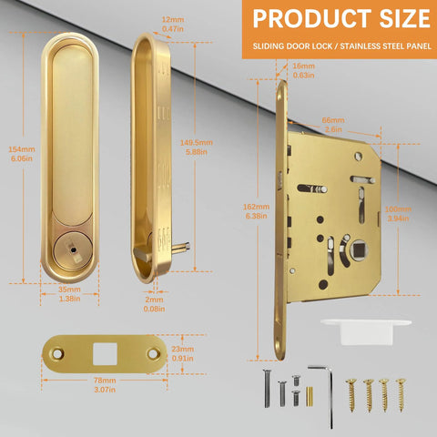 Pocket Door Lock Hardware Set With Privacy Handle, Hidden Pull And Recessed Latch, Easy Install For 1.77 To 2 Inch Thick Wooden Doors, Circular Gold Finish components and dimensions displayed