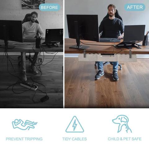 Comparison of desk with messy cables before and organized setup after using Under Desk Cable Management Tray No Drill Upgrade Thickened Felt Cord Organizer With Clamp Or Screw Mount For Standing Desk Home Office Beige 31.5 Inches Keeps Cables Neat And Safe.
