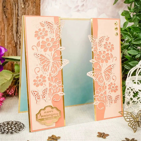Greeting card with Butterfly Flower Scrapbooking Die Cuts for Card Making and DIY Album Decor displayed on a table.