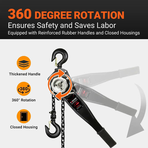 3 Ton Manual Lever Chain Hoist With 10ft Lift G80 Galvanized Steel Come Along showing 360-degree rotation feature