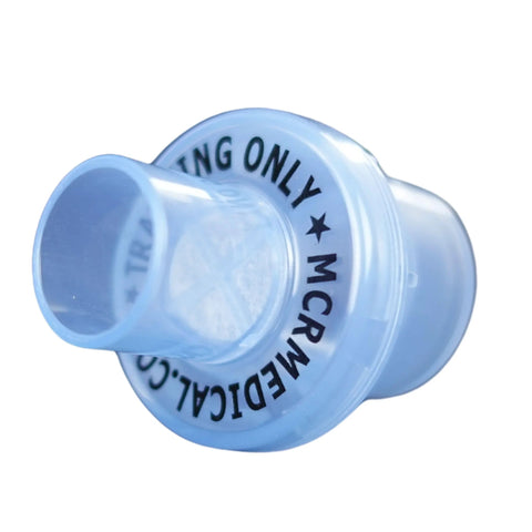 Blue translucent plastic CPR training valve with nozzle, MCR Medical logo, 100-pack set