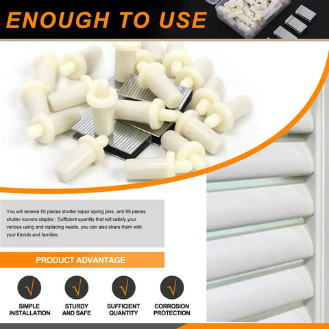 Fully Loaded Plantation Shutter Repair Kit 130 Pcs With 50 Spring Loaded Pins And 80 Tilt Rod Louvers Staples for DIY fixes.