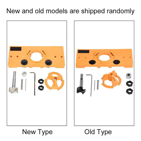 Durable 35mm Concealed Hinge Jig and Boring Hole Drill Guide Set for Woodworking, showing both new and old models with components