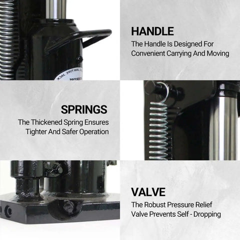 Detail view of Dual-Function 2.5 Ton Toe Jack and 5 Ton Hydraulic Floor Jack featuring handle, springs, and pressure relief valve.