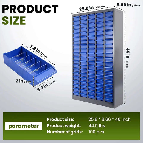 Massive 100 Drawer Grey ABS Parts Cabinet Built Tough With Adjustable Drawers For Electronics Small Parts And Hardware Heavy Duty Industrial Storage Locker dimensions and details shown.