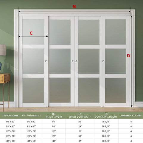 Sliding Closet Door 112x80 Inches Bypass Frosted Glass 3 Lite With Hardware Kit Included Preassembled MDF With PVC Panels White