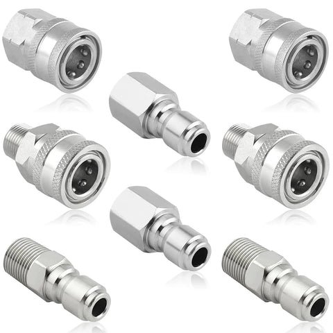 Heavy-Duty 8-Piece Pressure Washer Quick Connect Kit with 3/8 Inch Stainless Steel Hose Fittings, layout view.