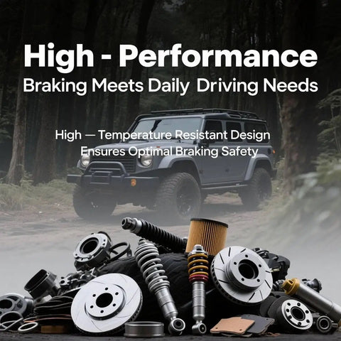 High-performance brake components displayed in front of an off-road vehicle in a forest setting, emphasizing safety and durability.