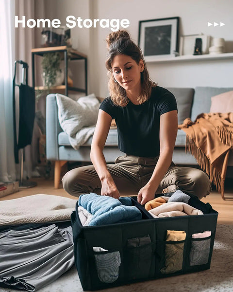 Foldable Car Trunk Organizer For SUVs And Sedans With Two Large Compartments And Six Mesh Pockets Keeps Groceries Tools And Gear Neat And Ready For Any Trip On The Go In Black, organized in living space.