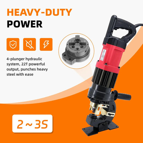 Beast 1400W Electric Hydraulic Hole Puncher, 22 Ton Portable Punch Tool With 5 Dies displayed highlighting heavy-duty power features.