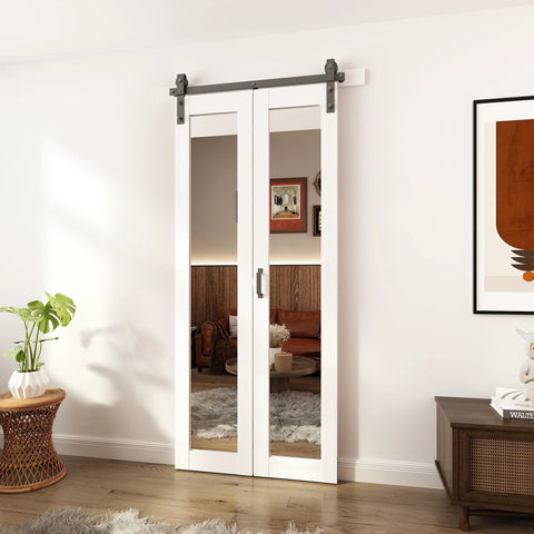 Bi Fold Barn Door With Mirror Panels And Track Kit For Closet 36 By 84 Inches Shatterproof MDF Mirror Doors with handles and track.