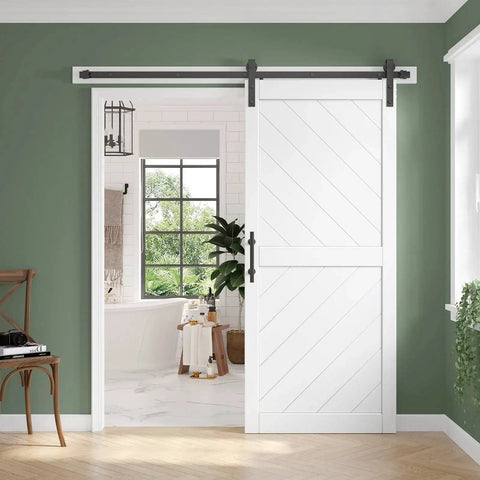 36 Inch By 84 Inch Sliding Barn Door With Six Point Six Foot Hardware Kit And Handle Included Solid MDF Wood Slab Covered With Water Proof And Scratch Resistant PVC Surface Simple Do It Yourself Assembly Chevron Pattern installed in interior doorway