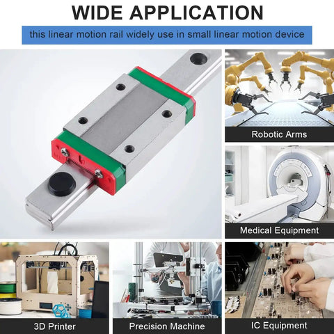 600mm MGN9 Linear Rail Guide With MGN9H Carriage Block for DIY 3D Printer, showing close-up on heavy duty steel rail and applications.