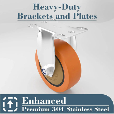 Rigid 4 Inch Stainless Steel Caster Wheel Set Of 2 For Industrial Use With Fixed Non Brake Design, rust-resistant frame.