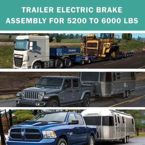 Trailer electric brake assembly for 5200 to 6000 lbs shown with trucks towing large loads on highways.