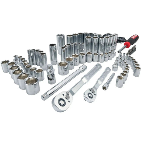 105 Piece Mechanics Tool Set With SAE And Metric Sockets, One Quarter Inch And Three Eighth Inch Drive, arranged on white background