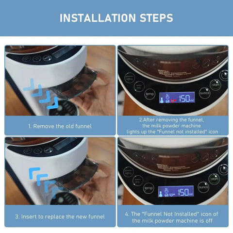 Two-pack replacement funnel and cover for Baby Brezza Formula Pro Advanced dispenser; installation steps collage.