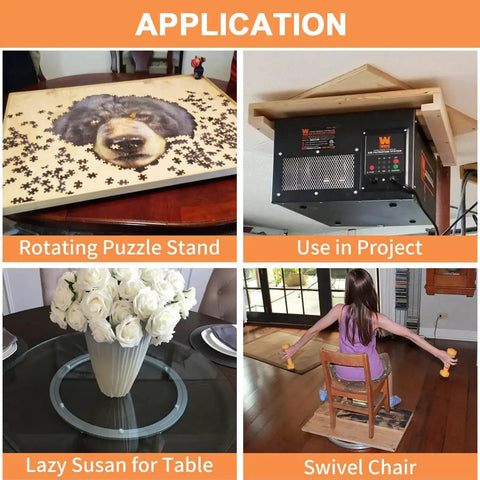 Collage showing applications: rotating puzzle stand, project installation, table lazy susan, and swivel chair.