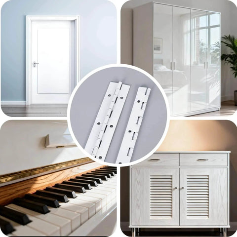 White Stainless Steel 10-Inch Heavy-Duty Piano Hinge Continuous Style With 1.2-Inch Open Width, 304 Stainless Steel collage with applications.