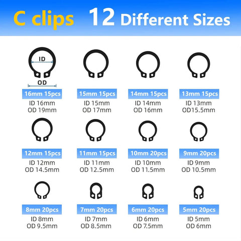 External Retaining Ring And E Clip Set Kit With 2.0 To 12 Millimeter Rings And M5 To M16 E Clips, 12 different sizes chart