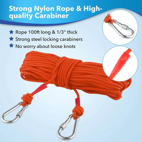 Strong nylon rope with steel locking carabiners from Double Sided Magnetic Fishing Kit With Beast 2600 Lb Pull, 100 Ft Rope