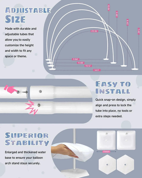 Diagram of Six In One Balloon Arch Stand Kit With 10.8ft Adjustable Columns Party Backdrop showing adjustable options and stability features.