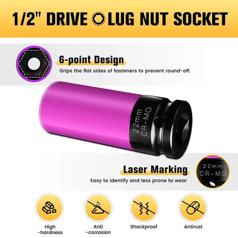 One Half Inch Drive Heavy Duty Wheel Protector Impact Socket Set with non marring lug nut deep socket in thin wall design