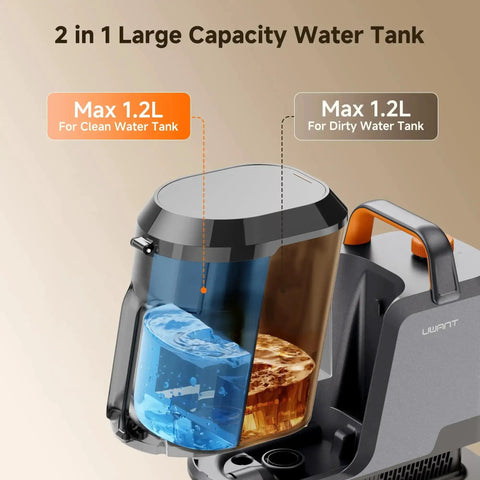 2 in 1 water tank of Portable Carpet And Upholstery Deep Cleaner With 18Kpa Suction For Cars Pets Rugs And Couches, showing clean and dirty water compartments.