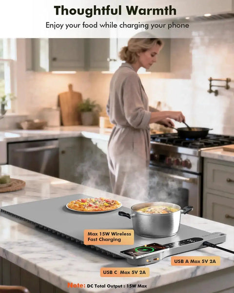 Roll Up Food Warmer Mat With 15W Wireless Charger And Quick Heat, 34 by 15 Inch Buffet Warmer with pot and pizza displayed.