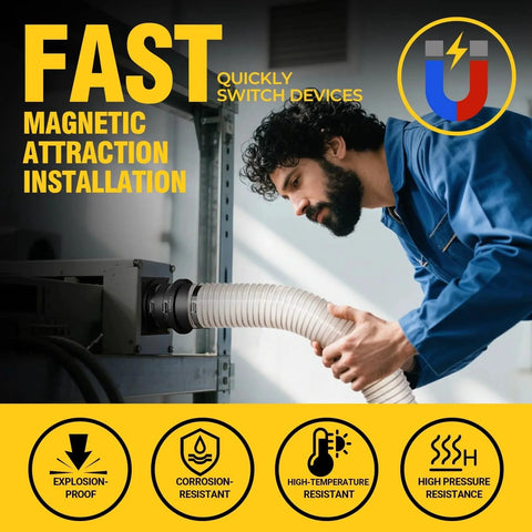 Man using 4-Inch Magnetic Dust Collection Fittings With Interlock Starter Kit for dust collectors in workshop environment.