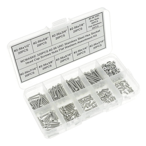304 Stainless Steel Socket Knurled Head Cap Screws Size 2 56 UNC, 320 Piece Hardware Kit With Hex Nuts And Flat Washers in box