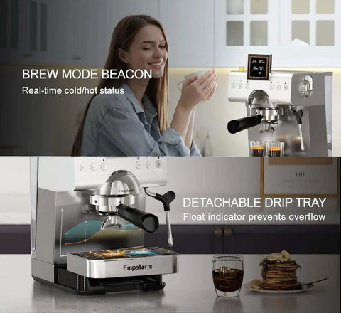 Woman using 20 Bar Espresso Machine With Steam Milk Frother, Stainless Steel Coffee Maker With LED Display For Home And Office