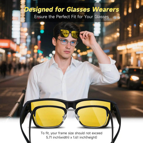 Overnight Driving Glasses For Men And Women With Matte Black Frame, Polarized Yellow Lenses, fits over prescription glasses