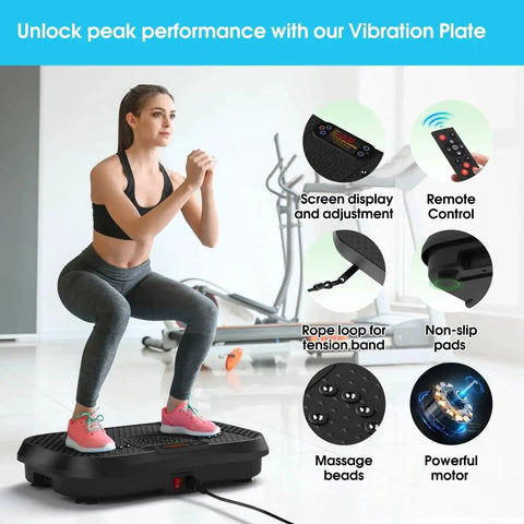 Woman using Vibration Plate For Lymphatic Drainage And Full Body Workout With Resistance Bands 450 Lbs Capacity Black at home gym