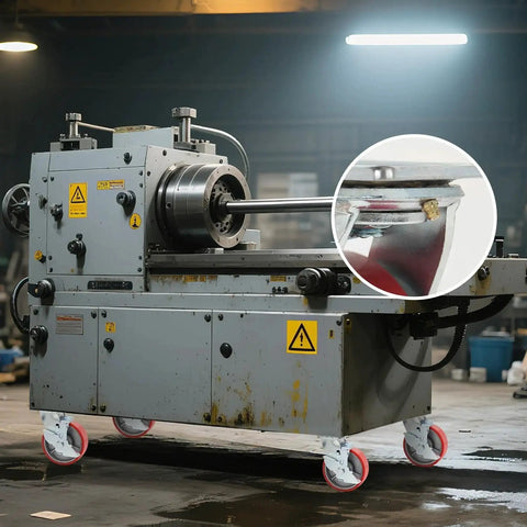 Metal lathe on 5 inch industrial casters with low noise polyurethane wheels on steel hubs, heavy duty swivel plate, in a workshop.
