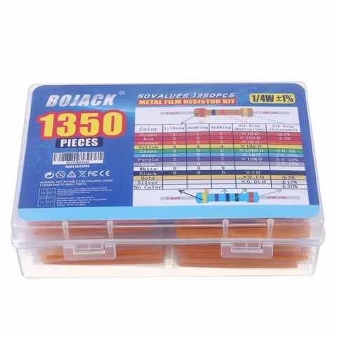 BOJACK 1350-piece metal film resistor kit in clear plastic case; 0 ohm to 5.6 megaohm, 1% 1/4W resistors.