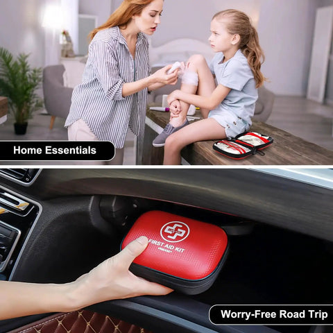 Mother using Grab And Go 150 Piece Waterproof First Aid Kit in red hard shell for child's injury, kit in car compartment.