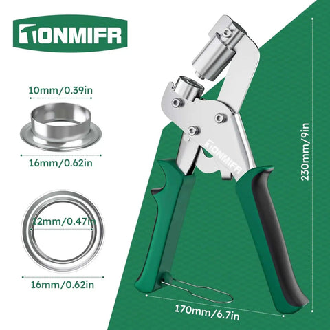 Beast Mode Grommet Tool Kit With 3/8 Inch Eyelets showing heavy duty metal grommet press and included hole cutter pliers