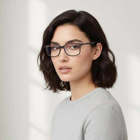 Woman wearing Arctic Blue Light Blocking Reading Glasses 1.5 Diopters For Computer And Gaming Eyewear Anti Glare Clear Lenses
