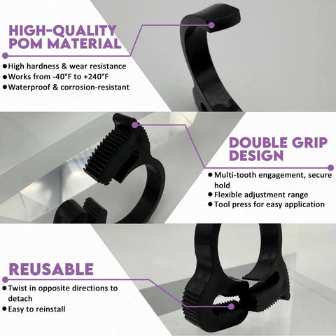 Close-up of 146 Piece Nylon Hose Clamp Set With Double Grip Ratcheting Clamps In 10 Sizes, features of high-quality POM material.