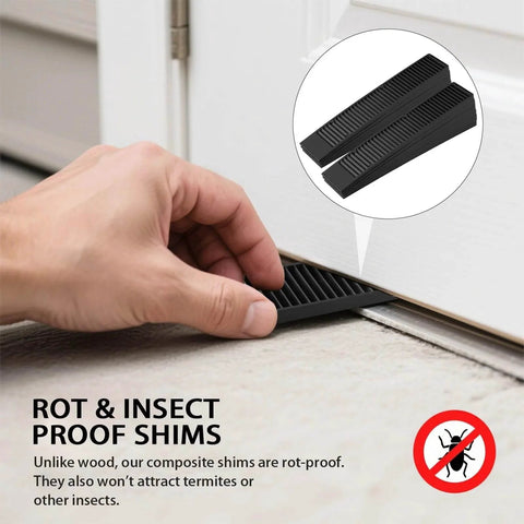 Hand installing Eight Pack 8 Inch Plastic Composite Shims For Furniture Doors Toilets And Tables With Extreme Load Support, Black, anti-slip design